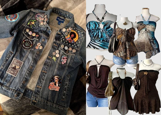 Sustainable student style: Denim jacket with patches and buttons, plus thrifted Y2K-inspired tops and dresses.